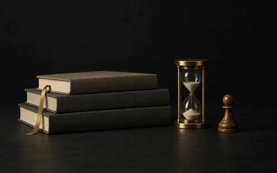 Illustration: cloth-bound books with a ribbon bookmark, a brass hourglass and a chess pawn