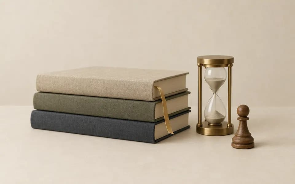 Illustration: cloth-bound books with a ribbon bookmark, a brass hourglass and a chess pawn