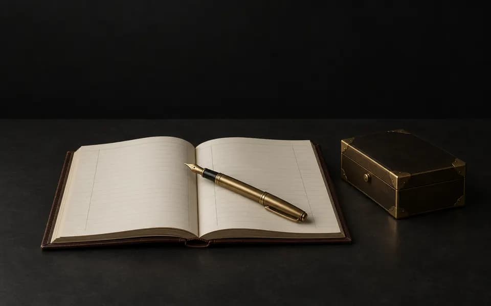 Illustration: an open ledger with a brass fountain pen, beside a brass-cornered document box