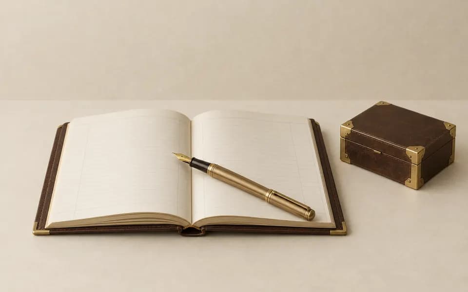Illustration: an open ledger with a brass fountain pen, beside a brass-cornered document box
