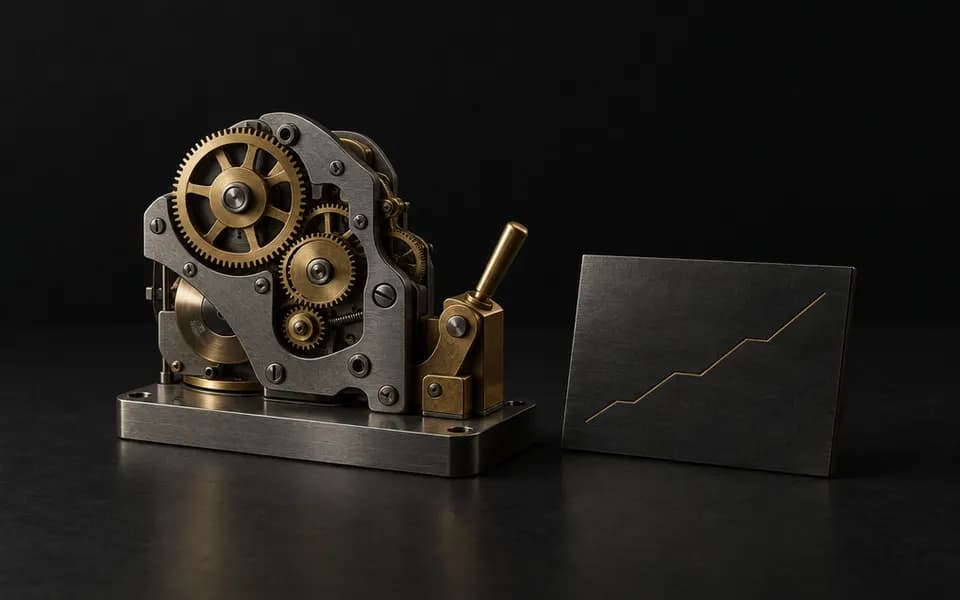 Illustration: a steel and brass mechanism with a lever, beside a plate engraved with a rising line