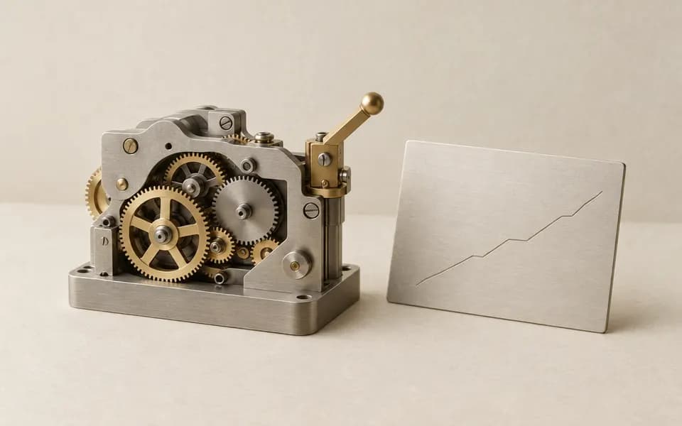 Illustration: a steel and brass mechanism with a lever, beside a plate engraved with a rising line