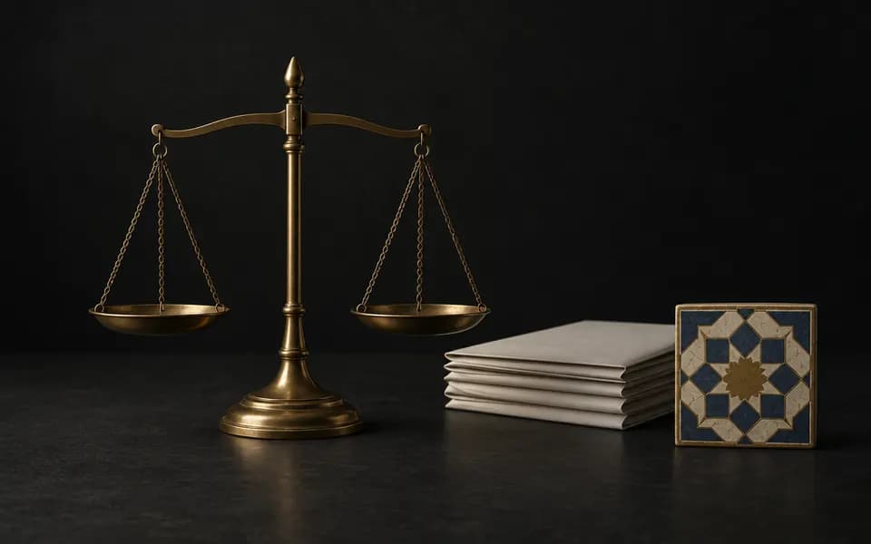 Illustration: a brass balance scale beside folded documents and a tile with an eight-pointed star pattern