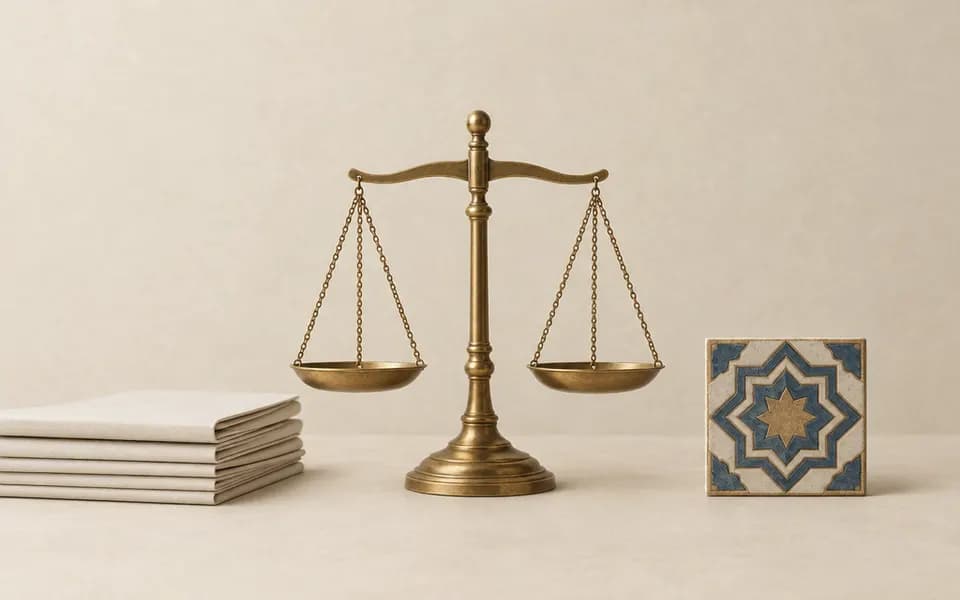 Illustration: a brass balance scale beside folded documents and a tile with an eight-pointed star pattern