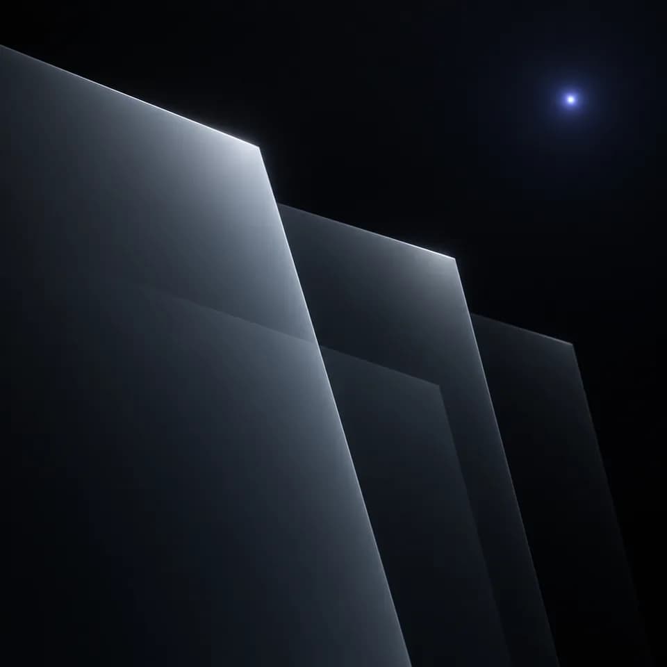 Illustration: three translucent planes of light receding into the dark, with one small periwinkle point above them