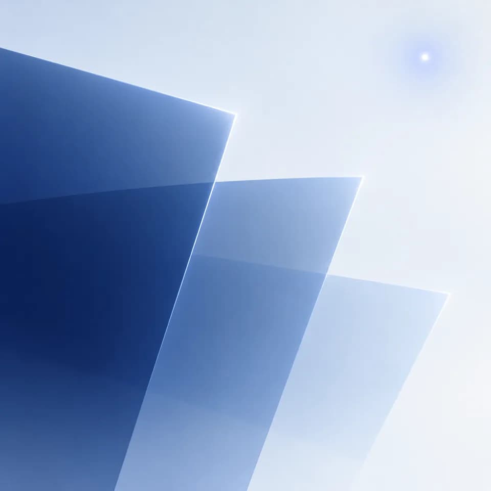 Illustration: three translucent planes of light receding into the dark, with one small periwinkle point above them